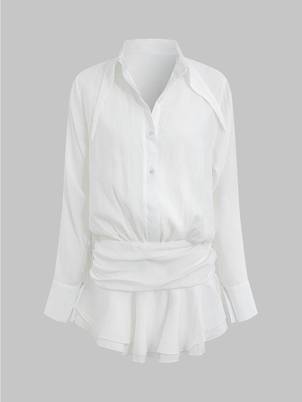 Mesh Long-Sleeve Button-Up Mini Dress
